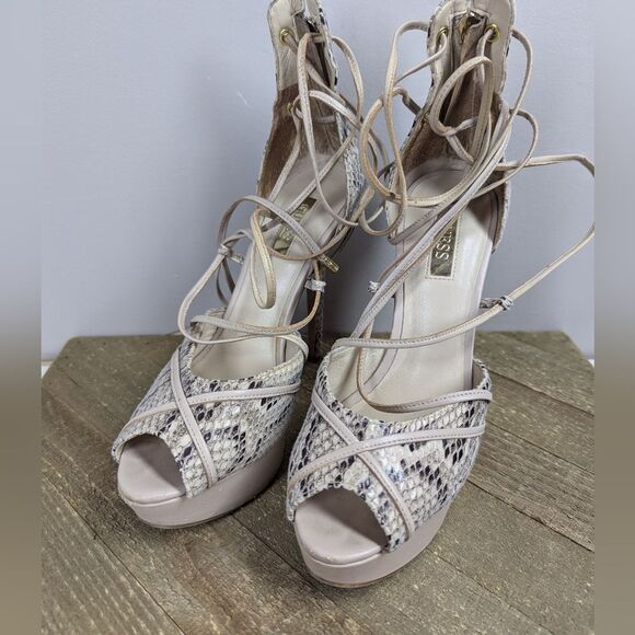 GUESS Snakeskin Strappy Heels – Size 6 – 5" Platform Stiletto - Picture 2 of 10